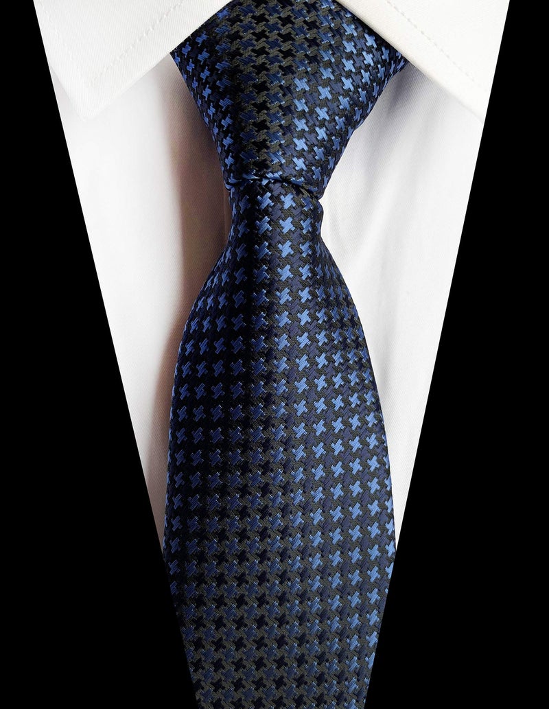 Elfeves Blue Silk Wedding Navy Ties Classic Houndstooth Plaid Fashion Neckties Wear Working for Men Boy - Image 2